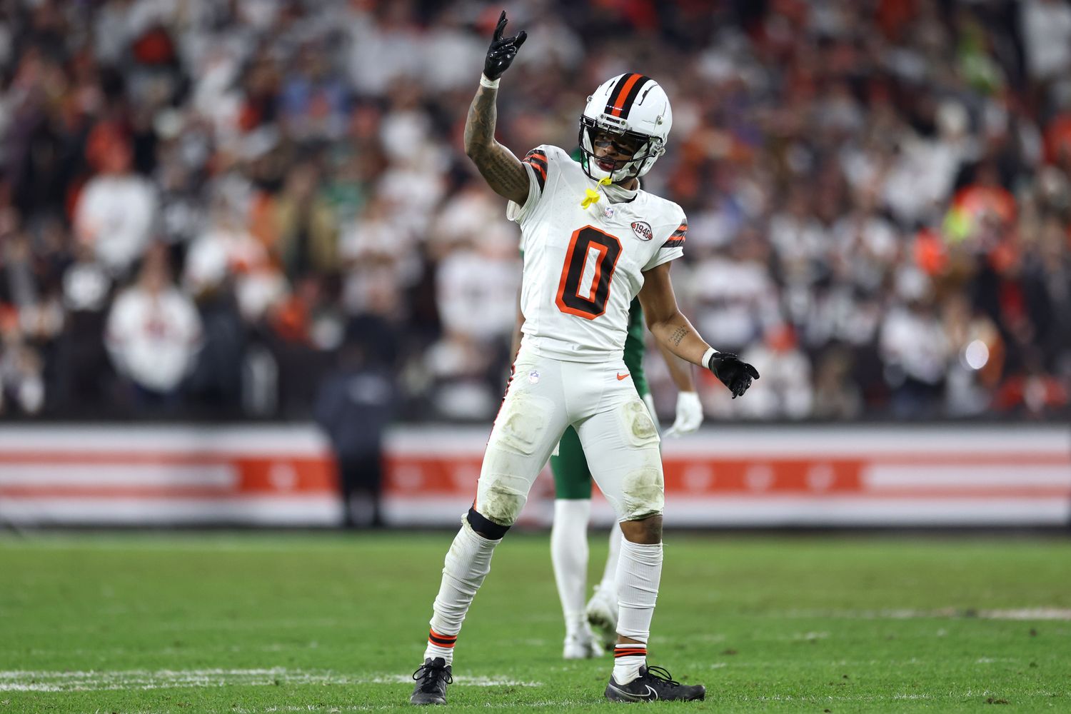 Dec 28, 2023; Cleveland, Ohio, USA; Cleveland Browns cornerback Greg Newsome II (0) reacts during the first half against the New York Jets during the second half at Cleveland Browns Stadium.